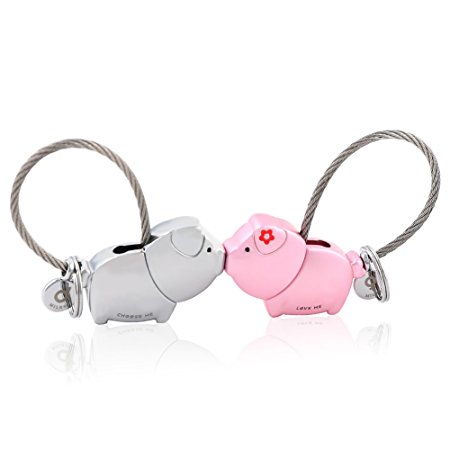 MILESI Sweet Kissing Pig Keychain One Pair Valentine's Gift Couple Love Token (Silver Pink)