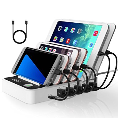 Witeem Quick Charge and Smart 6-Port USB Charging Station with USB Type C Port, Universal Charging Desktop Docks Organizer for Smartphones, Tablets, White & Black