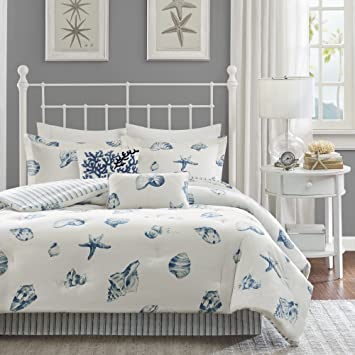 Harbor House Cozy Cotton Comforter Set-Coastal All Season Down Alternative Casual Bedding with Matching Shams, Decorative Pillows, King(108"x96"), Beach House, Reversible Seashell Blue, 4 Piece