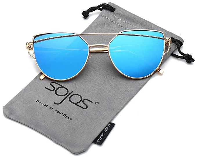 SojoS Cat Eye Mirrored Flat Lenses Street Fashion Metal Frame Women Sunglasses SJ1001