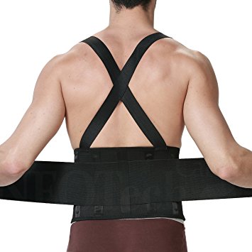 Light Back Brace for Men - Lumbar Support for Lower Back Pain - Belt with Suspenders / Shoulder Straps for Gym / Posture / Training / Bodybuilding / Weight Lifting or Work Safety - NEOtech Care ( TM ) Brand - Black Color - Size M