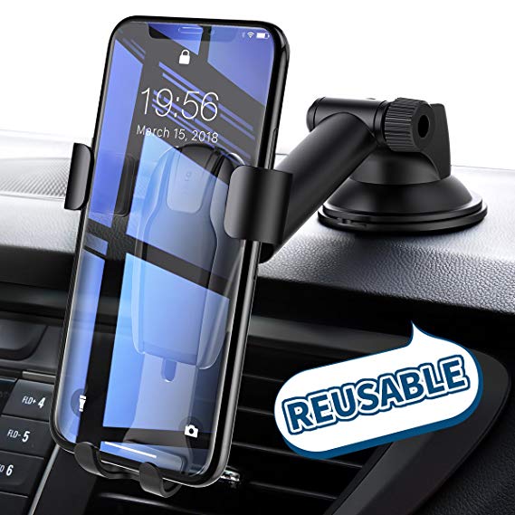 Car Phone Holder, Gravity Universal Dashboard Windscreen Phone Mount Stable Adjustable Car Cradle Mount with Strong Sticky Gel Pad for iPhone X/8/7/6s/Plus, Galaxy S9/S8/S7 Edge- Black