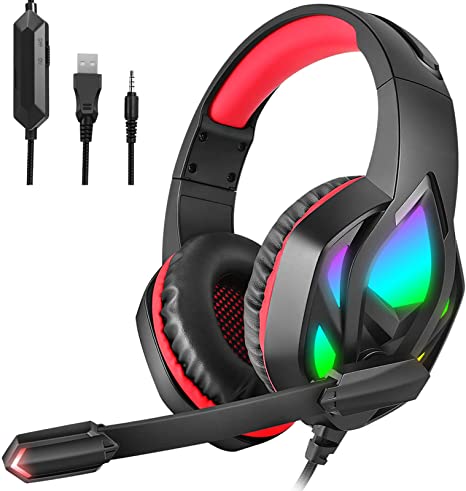 Donerton Gaming Headset, Over-Ear Gaming Headphones with Noise Canceling Mic, Stereo Bass Surround Sound, Soft Memory Earmuffs LED Light PS4 Gaming Headset Compatible with PC, Laptop, PS4, PS5, Red
