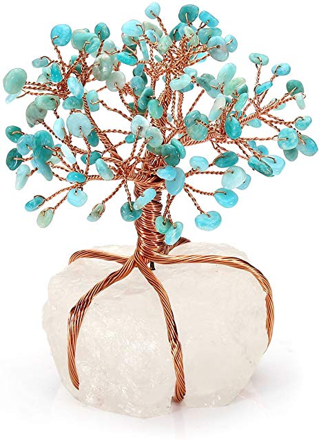 Jovivi Natural Amazonite Tree Crystal Quartz Money Tree Feng Shui Tree of Life Ornament Reiki Crystals Office Table Decoration for Living Room Wealth and Luck