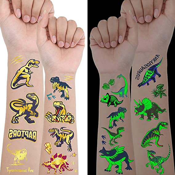 10 Sheets Dinosaur Temporary Tattoos Luminous Dinosaur Temporary Tattoos Sticker Cartoon Jungle Tattoo Waterproof Dinosaur Temporary Tattoos for Boys and Girls Party Supplies Favors (Metallic Pattern)