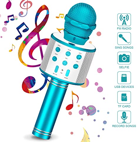 Wireless Bluetooth Karaoke Microphone, Tesoky 4 in 1 Portable Handheld Karaoke Machine Player Speaker Recording Microphone for Kids Adults, for Android/iPhone/PC (blue)