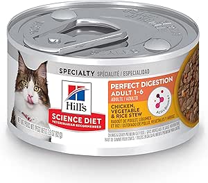 Hill's Science Diet Perfect Digestion, Adult 1-6, Digestive Support, Wet Cat Food, Chicken, Vegetables & Rice Stew, 2.9 oz Can, Case of 24