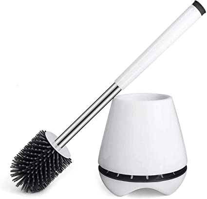 Toilet Brush with Holder, WC Toilet Bowl Cleaner Brush and Holder with Stainless Steel Handle & Soft Silicone Bristle Sturdy Cleaning for Commercial Bathroom Restroom Deep Cleaning, Tweezers Included