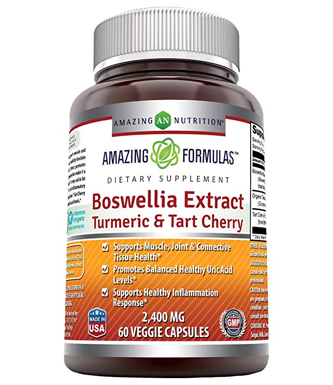 Amazing Formulas Boswellia Extract Turmeric & Tart Cherry 2400mg Veggie Capsules (Non GMO,Gluten Free) -Supports Muscle, Joint & Connective Tissue Health, Inflammation Response (60 Count)