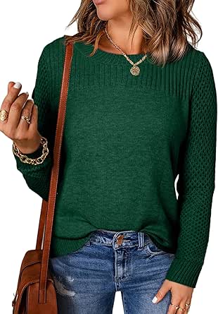 EVALESS Womens Sweaters Casual Long Sleeve Crewneck Cable Knit Lightweight Oversized Crochet Sweater Pullover Tops