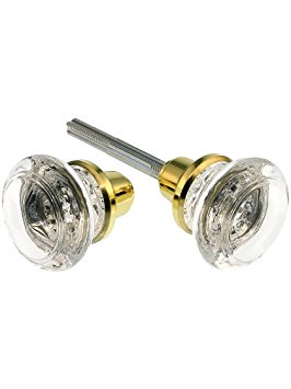 Pair Of Round Glass Door Knobs With Brass-Plated Zinc Base. Old Fashioned Glass Doorknobs.