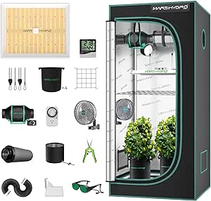 MARS HYDRO 3x3 Grow Tent Kit Complete System 150W TS1000 LED Grow Light, 32"x32"x63" 1680D High Reflective Mylar Grow Tent with 4inch Ventilation System, Grow Tent Clip Fan