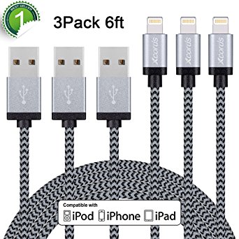 Xcords(TM) 3Pack 6ft Nylon Braided 8 Pin Lightning to USB Cable Data Syncing Cord Compatible with iPhone 7/ 7 Plus/6/ 6 Plus/ 6s/ 6s Plus /5/5s/5c/SE/iPad/iPod/Beats Pill (Black&Gray)