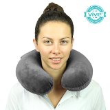 Travel Neck Pillow by Vive - Best Memory Foam Neck Support for Airplane and Car - Ergonomic Design for Neck Pain Relief - Lifetime Guarantee Gray