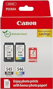 Canon PG-545   CL-546, Cartuchos de Tinta Original, Cartucho de Tinta Independiente en Color Negro y Cartucho Multicolor, Incluye 50 Hojas Papel Fotográfico 4 x 6, Compatible con Impresoras PIXMA