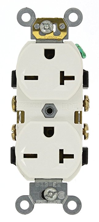 Leviton 5822-W 20-Amp, 250-Volt, Narrow Body Duplex Receptacle, Straight Blade, Commercial Grade, Self Grounding, White