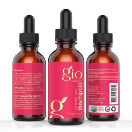 Organic Rosehip Oil for Face Dry Skin Hair and Stretch Marks - Gio Naturals Premium Grade is Pure Unrefined and Cold Pressed -Works Best On Eliminating Dark Spots Wrinkles Fine Lines and More
