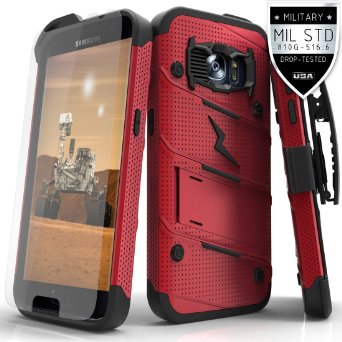 Zizo TPU Polycarbonate Kickstand Lanyard Holster Clip Bolt Cover with .33mm 9H Tempered Glass Screen Protector for Samsung Galaxy S7 - Red/ Black