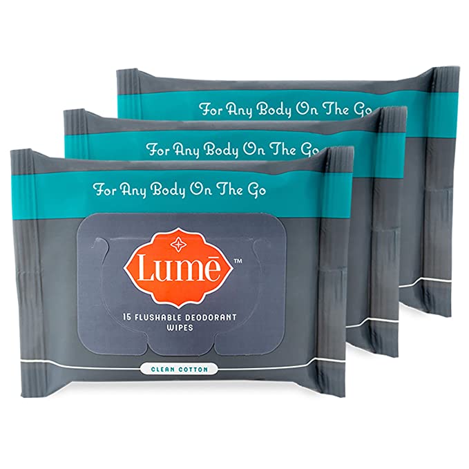 Lume Natural Deodorant Wipes, Flushable Body and Underarm Cleansing Wipes, 15 Count (Pack of 3)