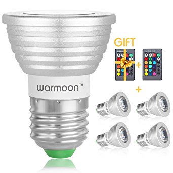 Warmoon Dimmable E26/E27 LED Bulbs,3W RGB Color Changing Spotlight with IR Remote Control Mood Ambiance Lighting for Home Decoration, Bar, Party(Pack of 4)