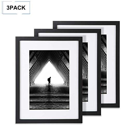 SunGlobal 12x16 Picture Frame with 8x12 Mat Set of 3 Wood Decorative Wall Hanging Print Poster Frame Includes S Shape Frame Hanging Hooks and Hardwall Hangers (Black)