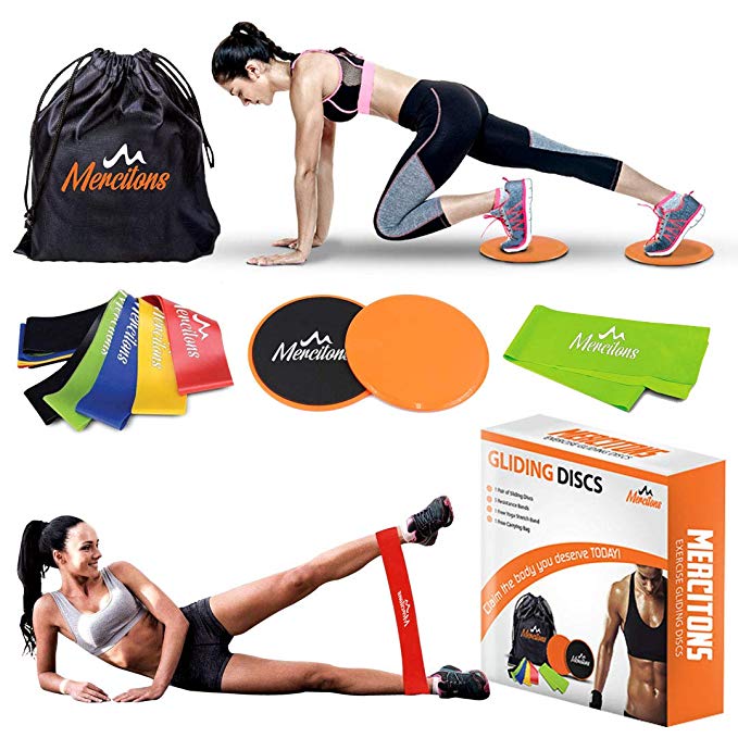Mercitons 2 Workout Core Sliders & 6 Resistance Bands for Women ( 2 Free Bonus Items)