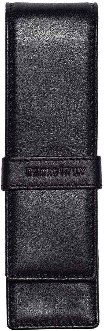 DiLoro Italy Genuine Soft Full Grain Napa Leather Double Pen Case Holder Black Fits Regular to Large Size Pens