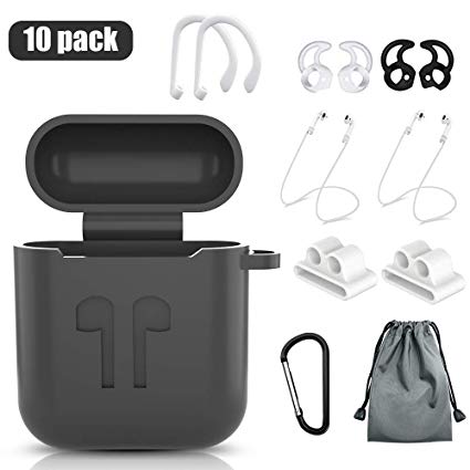 AirPods Case, Alquar 10 in 1 AirPods Accessories Set Protective Silicone Cover and Skin Compatible Apple AirPods Charging Case with Watch Band Holder/Ear Hook/Keychain/Strap/Carrying Bag (Black)