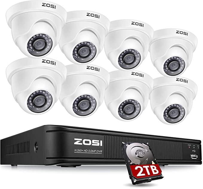 ZOSI H.265  5MP Dome Security Camera System for Home, 8CH CCTV DVR with Hard Drive 2TB for 24/7 Recording, 8X 5MP 2K Surveillance Camera Outdoor Indoor,Long Night Vision, Remote Access