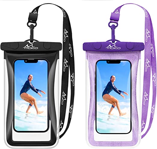 MoKo Floating Waterproof Phone Case Holder 2 Pack, IPX8 Phone Pouch Lanyard Dry Bag Compatible with iPhone 13/13 Pro Max/12/11 Pro/SE 3, Galaxy S21 Ultra/S9/Note 10 /20 Ultra, Black   Glitter Purple