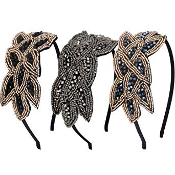 3 Pieces Beaded Leaf Flapper Headband 1920s Vintage Rhinestone Hairband Hair Accessory, 3 Styles