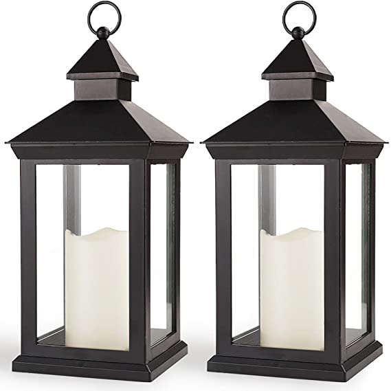Bright Zeal 2-Pack 14" Decorative Candle Lantern Black Outdoor Lanterns with Timer Candles - IP44 Waterproof Vintage Lanterns Battery Powered LED Decorative for Wedding - Hanging Wall Lanterns Indoor