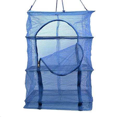 3 Layer Non-toxic Nylon Netting Collapsible Mesh Hanging Drying Dry Rack Net Food Dehydrator Receive Storage Carrying Bag-Blue (40X40cm/15.7X15.7inch)