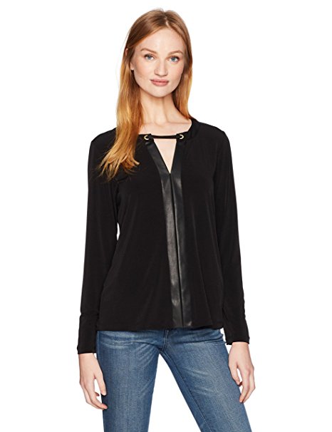 Calvin Klein Women's 3/4 Sleeve Top with Pu Placket
