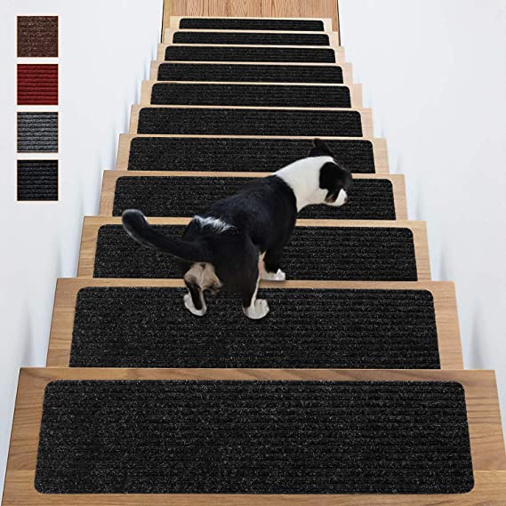 Stair Treads Non-Slip Carpet Indoor Set of 14 Black Carpet Stair Tread Treads Stair Rugs Mats Rubber Backing (30 x 8 inch),(Black, Set of 14)