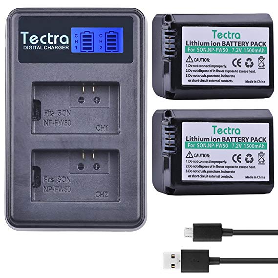 Tectra 2 Pack Sony NP-FW50 NP FW50 Replacement Battery   Rapid LCD Display Dual USB Charger for Sony Alpha a6500, a6300, a6000, a7s, a7, a7s ii, a7s, a5100, a5000, a7r, a7 ii Digital Camera
