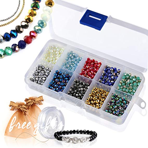 Briolette Faceted Rondelle Crystal Glass Beads in Assorted Color with Spacers and Container Box for Jewelry Making (#102, 4mm)
