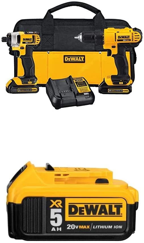 DEWALT DCK240C2 20v Lithium Drill Driver/Impact Combo Kit (1.3Ah) with DCB205 20V MAX XR 5.0Ah Lithium Ion Battery-Pack