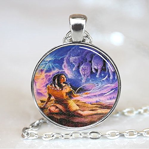 Native American Woman Wolf Sky Spirts Glass Tile Necklace Pendant (PD0111S)