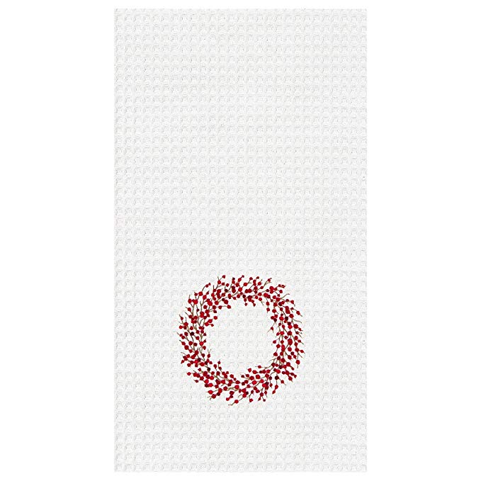 Berry Wreath Waffle Weave Rosy Red 27 x 18 Cotton Fabric Christmas Dish Towel