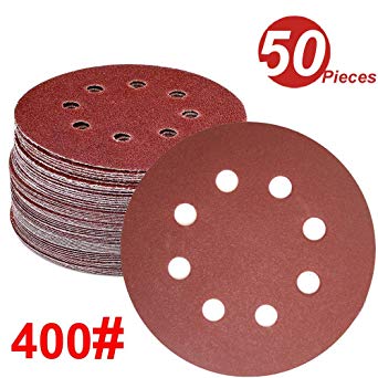 WINGONEER 50PCS Sanding Discs Pads, 5-Inch 8-Hole 400-Grit Hook and Loop Aluminium Oxide Sandpaper for Random Orbital Sander
