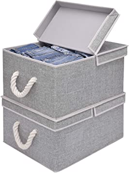 Storage Baskets with Lid and Cotton Rope Handles, Decorative Storage Boxes with Lids, Gray, 2-Pack