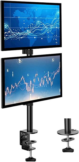 HUANUO Dual Monitor Stand - Vertical Stack Screen Support Two 13 to 32 Inch Computer Monitors with C Clamp Grommet Base