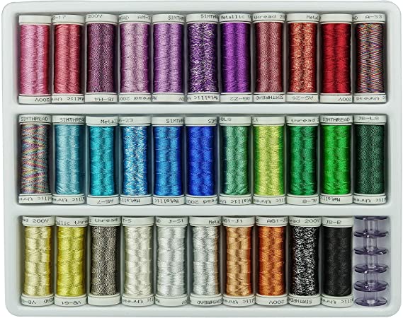 Simthreads Metallic Embroidery Thread 200 Yards Ea for French Embroidery or Machine Embroidery for Janome Brother Pfaff Babylock Singer Bernina Husqvaran & Most Home Embroidery Machines (32 Colors)