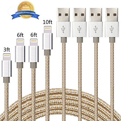 iPhone Cable BULESK 4Pack 3FT 6FT 6FT 10FT Nylon Braided Lightning to USB iPhone Charger Cord for iPhone 7 Plus 6S 6 SE 5S 5C 5, iPad 2 3 4 Mini Air Pro, iPod - Gold & Silver