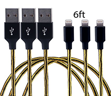 GOLDEN-NOOB 3Pack 6FT Nylon Braided Popular Lightning Cable 8Pin to USB Charging Cable Cord with Aluminum Heads for iPhone7/7Plus 6/6s/6 Plus/6s Plus/5/5c/5s/SE,iPad iPod Nano iPod Touch(Black Golden)