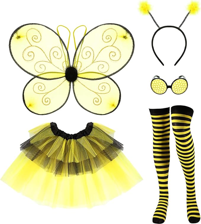 SATINIOR Bee Costume Accessories Tutu Skirt Bee Wings Antenna Headband Striped Knee Thigh High Leg Cosplay Party Favors