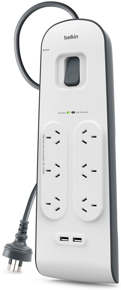 Power Board Belkin Quality 2, 4 Amp USB Charging 6-Outlet Surge Protection Strip, White/Grey, (BSV604au2M), (BSV604AU2M)