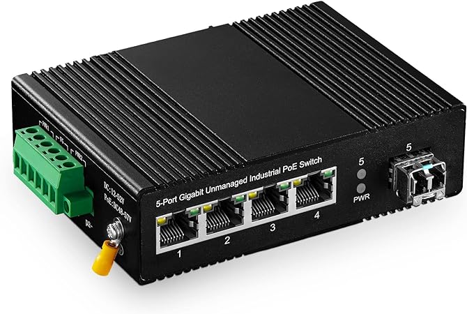 Binardat 5 Port Gigabit PoE Din Rail Industrial Ethernet Switch, 4 PoE IEEE802.3af/at, 1 SFP Port with 20km LC Module, with One 60W PoE Power Supply