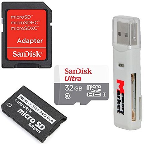 Sandisk Ultra 32GB Class 10 UHS-1 MicroSD MicroSDHC Card with MicroSDHC to Memory Stick MS Pro Duo Adapter for Sony PSP and Cybershot Cameras with MemoryMarket MicroSD & SD Memory card Reader